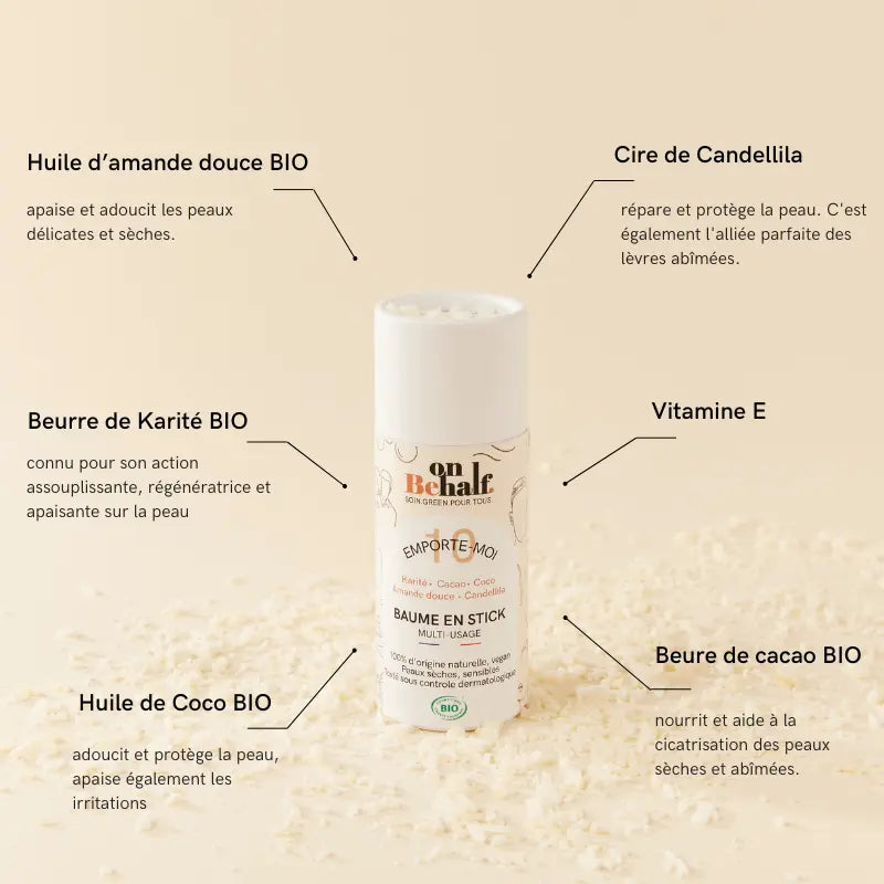 Ingrédients Baume nourrissant à appliquer partout ! Sur toutes les zones sèches, gercées et sensibles! Visage, corps, cheveux. Grâce à sa formule ultra-hydratante non collante, son parfum doux et son format stick, il deviendra l'incontournable de votre quotidien ! 100% d'origine naturelle. Certifié bio.