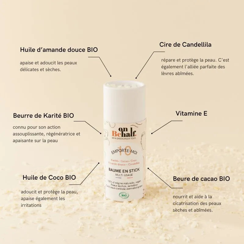 Ingrédients Baume en stick miraculeux emporte-moi. 100% naturel, certifié bio. Pour toutes les zones sèches du corps.